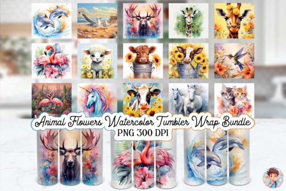 Download Animal Flowers Watercolor Tumbler Bundle - Animal flowers Collection